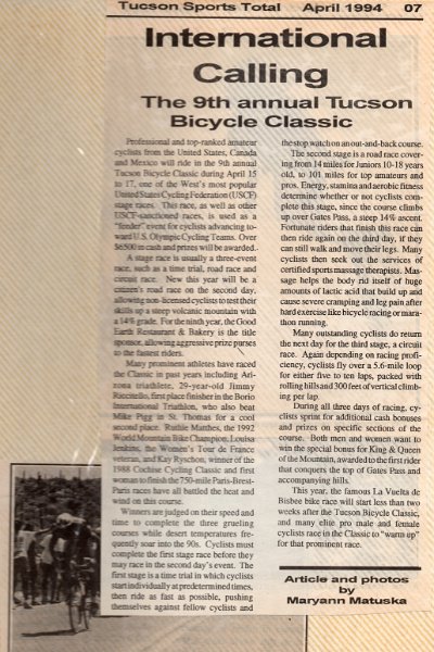 Ride - Apr 1994 - Tucson Bicycle Classic Article